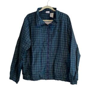 Vintage Jerzees Green Blue Plaid Nylon Full Zip Windbreaker Jacket Size Large